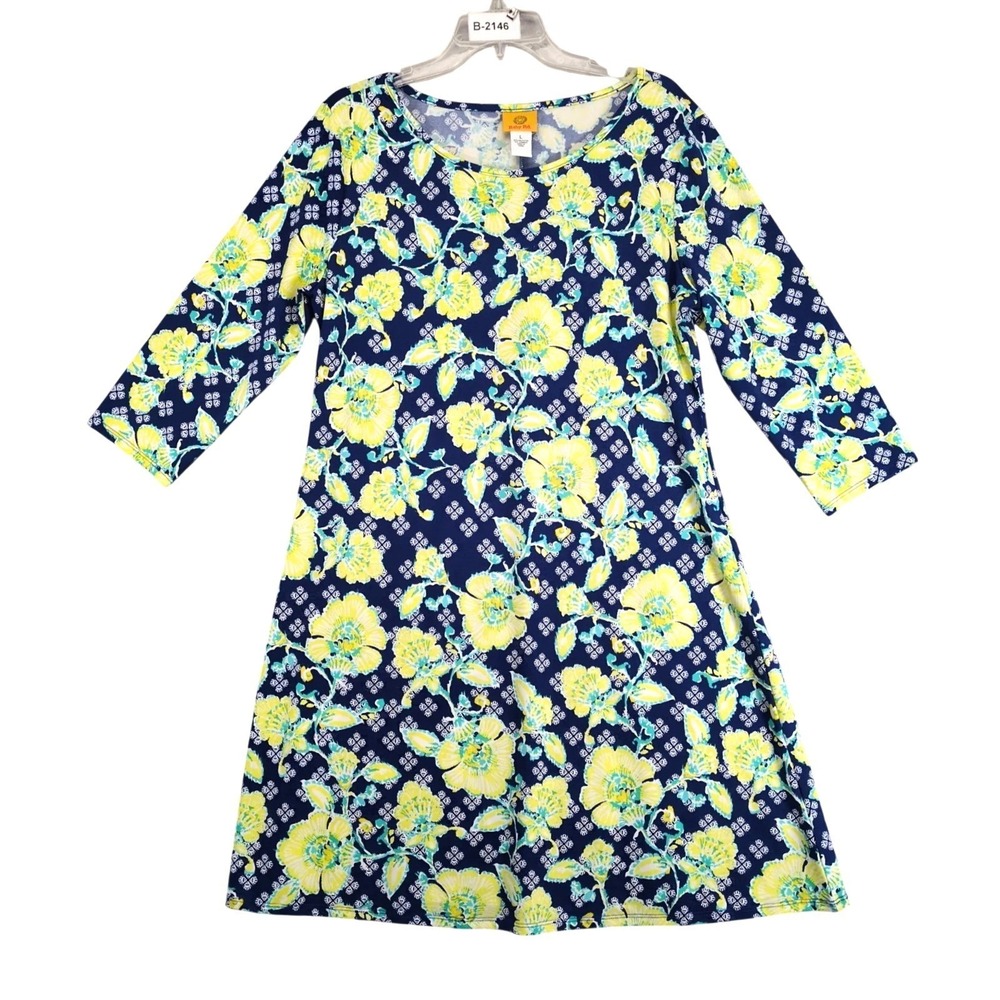 Ruby Rd Blue Floral Shift Dress Sz L Stretch Knee-Length Resort Coastal Preppy